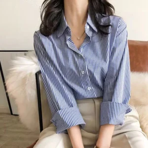 بلوزات نسائية كلاسيكية مخططة للربيع والخريف قميص نسائي بأكمام طويلة وياقة ثابتة بلوزات فضفاضة