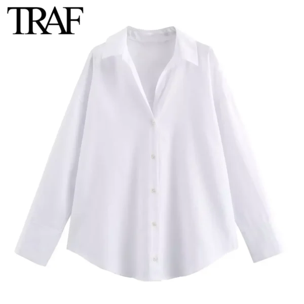 TRAF بلوزة نسائية ربيعية من القطن أكسفورد بأكمام طويلة واحدة الصدر وطية صدر السترة ملابس الشارع قميص أنيق للسيدات قطع علوية Mujer - Image 2