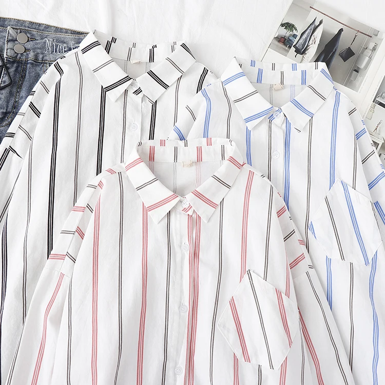 قمصان مخططة غير رسمية فضفاضة للسيدات 2024 قميص نسائي جديد بتصميم بسيط وأكمام طويلة مطبوع بلوزة نسائية وبلوزات ملابس للسيدات - Image 2