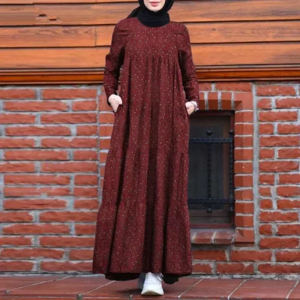 فستان نسائي بجيوب مطوية غير رسمية ، فستان طويل ، عيد ، عبايات إسلامية ، رقبة دائرية ، طباعة ، دبي ، عباية ، طويلة ، سوستة ، فضفاض ، رمضان ، المغرب ، خليط - Image 2