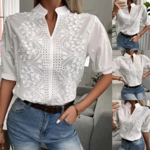 بلوزة كروشيه عتيقة مجوفة للنساء ، قميص أبيض أنيق ، أكمام قصيرة ، ملابس نسائية قطنية ، موضة الصيف ،