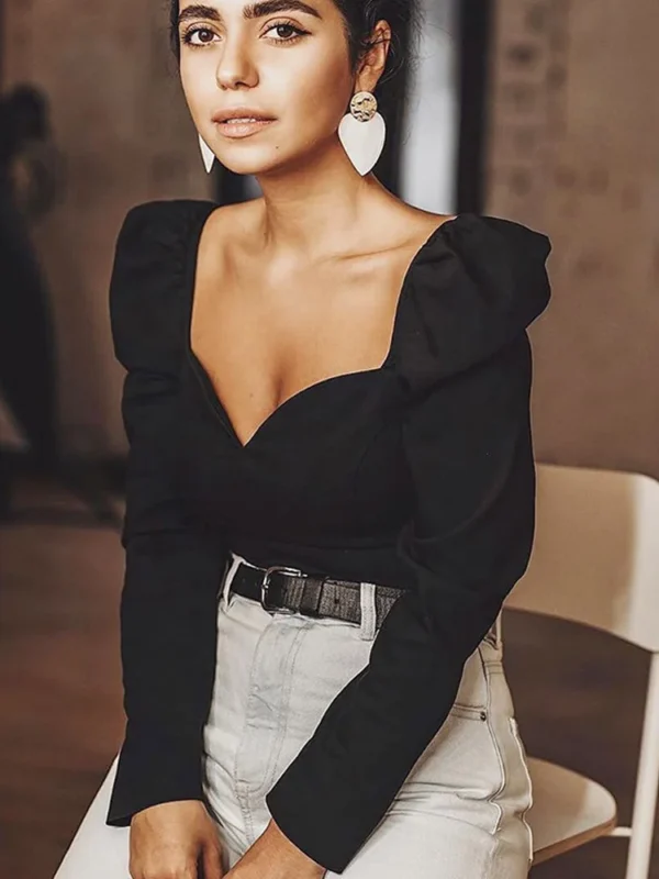 عرض خاص رائجة البيع Korean2019 الخريف بلون خمر قمصان النساء الجديدة نفخة الأكمام مربع مثير صغيرة الخامس الرقبة بلوزة ضئيلة - Image 3