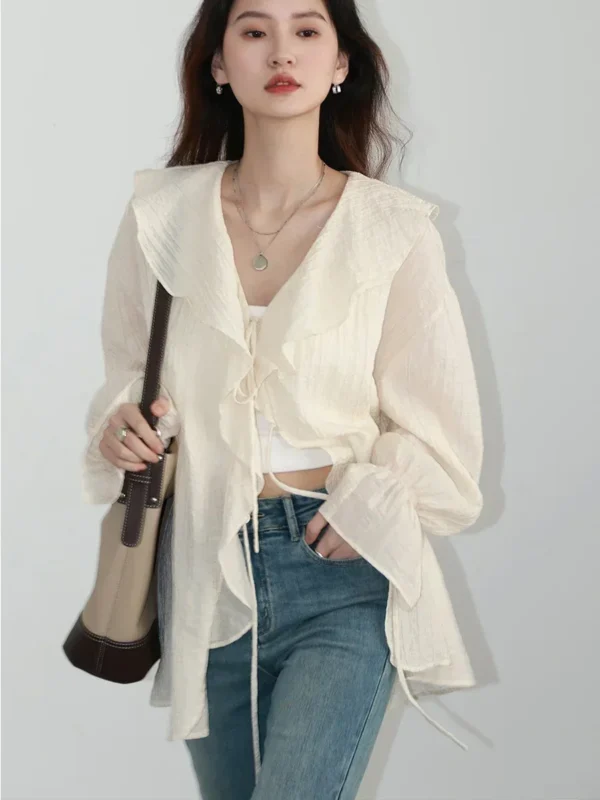 قميص نسائي أنيق من CHIC VEN بلوزات نسائية فضفاضة غير رسمية بحواف مكشكشة ورقبة على شكل V وأربطة متوسطة الطول قمصان نسائية لربيع وصيف 2024 - Image 6
