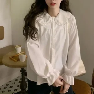 Gidyq قميص أبيض نسائي عتيق على طراز Preppy بلوزة نسائية أنيقة بأكمام طويلة Y2K قمصان كاواي حلوة تناسب جميع المقاسات