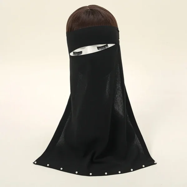 أسود الديكور الشيفون وشاح للنساء ، مسلم غطاء الوجه الحجاب ، وشاح الإسلامية ، المرأة الصلاة ، اللؤلؤ الوجه ، جودة عالية - Image 3