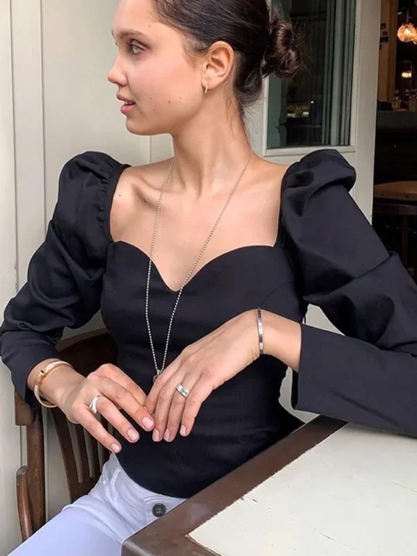 عرض خاص رائجة البيع Korean2019 الخريف بلون خمر قمصان النساء الجديدة نفخة الأكمام مربع مثير صغيرة الخامس الرقبة بلوزة ضئيلة - Image 4