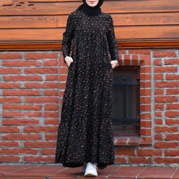 فستان نسائي بجيوب مطوية غير رسمية ، فستان طويل ، عيد ، عبايات إسلامية ، رقبة دائرية ، طباعة ، دبي ، عباية ، طويلة ، سوستة ، فضفاض ، رمضان ، المغرب ، خليط - Image 4