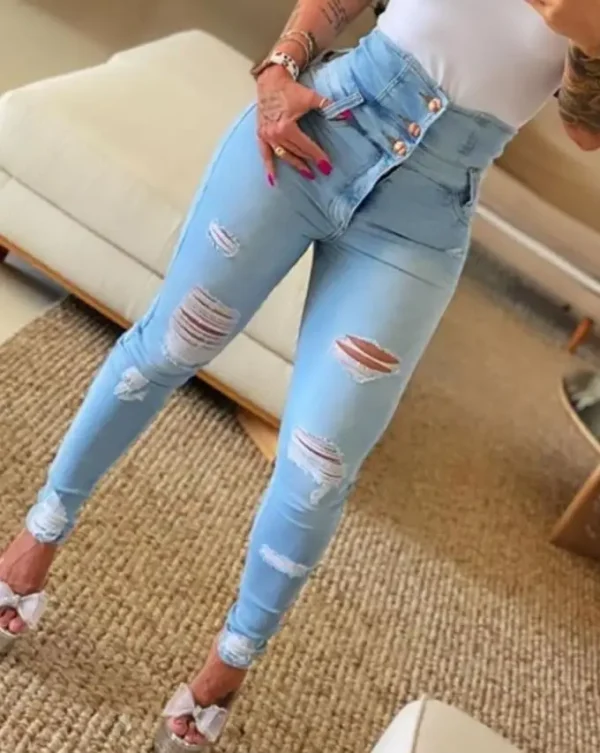 أزياء المرأة تمتد ممزق المتعثرة نحيل عالية الخصر الدنيم السراويل السراويل ضئيلة الرجل Jeggings السيدات ربيع الخريف ارتداء