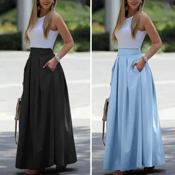 تنورة نسائية ربيعية طويلة فضفاضة بطول الكاحل عالية الخصر جيوب على شكل حرف a بلون واحد مطوي أنيق مكتب سيدة ماكسي تنورة юка - Image 3