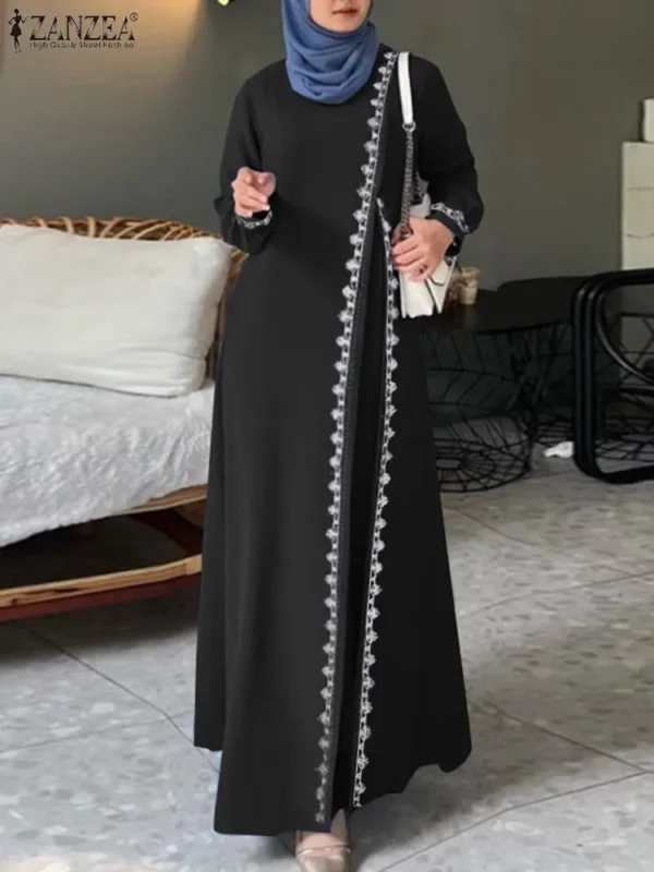 فستان طويل كروشيه من الدانتيل ZANZEA للنساء ، كم طويل ، رقبة دائرية ، قفطان أنيق ، عباية إسلامية ، روب تركي ، فضفاض ، ربيعي - Image 2