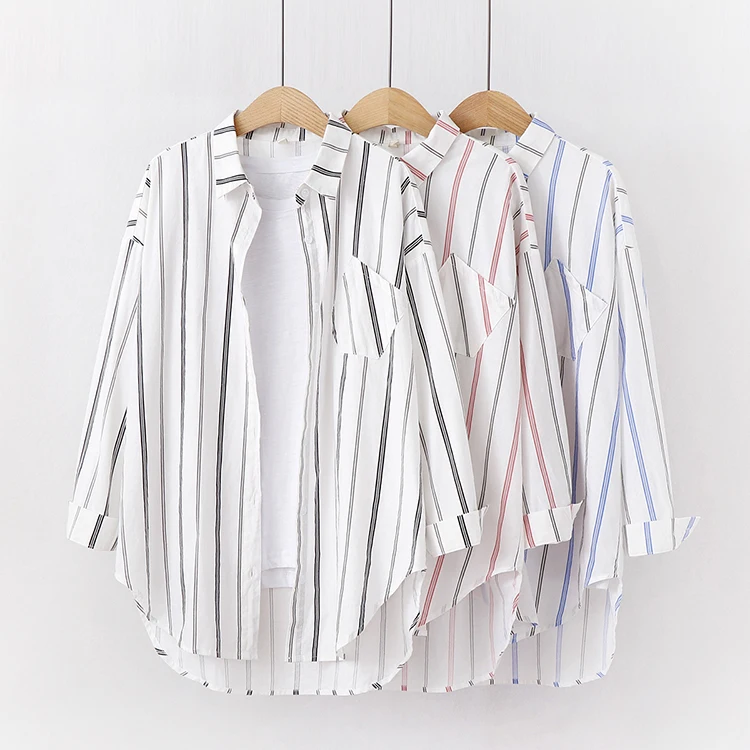 قمصان مخططة غير رسمية فضفاضة للسيدات 2024 قميص نسائي جديد بتصميم بسيط وأكمام طويلة مطبوع بلوزة نسائية وبلوزات ملابس للسيدات