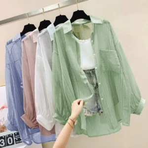 الصيف واقية من الشمس قميص أنيق منظور رقيقة بلوزة شيفون الكورية Harajuku انظر من خلال بلوزة فضفاضة سترة المرأة عادية