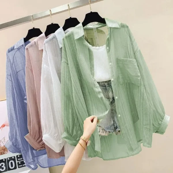 الصيف واقية من الشمس قميص أنيق منظور رقيقة بلوزة شيفون الكورية Harajuku انظر من خلال بلوزة فضفاضة سترة المرأة عادية