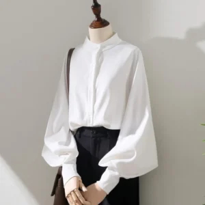 امرأة ربيع الخريف نمط البلوزات قميص سيدة طويلة فانوس كم الوقوف طوق فضفاض Blusas القمم DF4847
