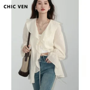 قميص نسائي أنيق من CHIC VEN بلوزات نسائية فضفاضة غير رسمية بحواف مكشكشة ورقبة على شكل V وأربطة متوسطة الطول قمصان نسائية لربيع وصيف 2024