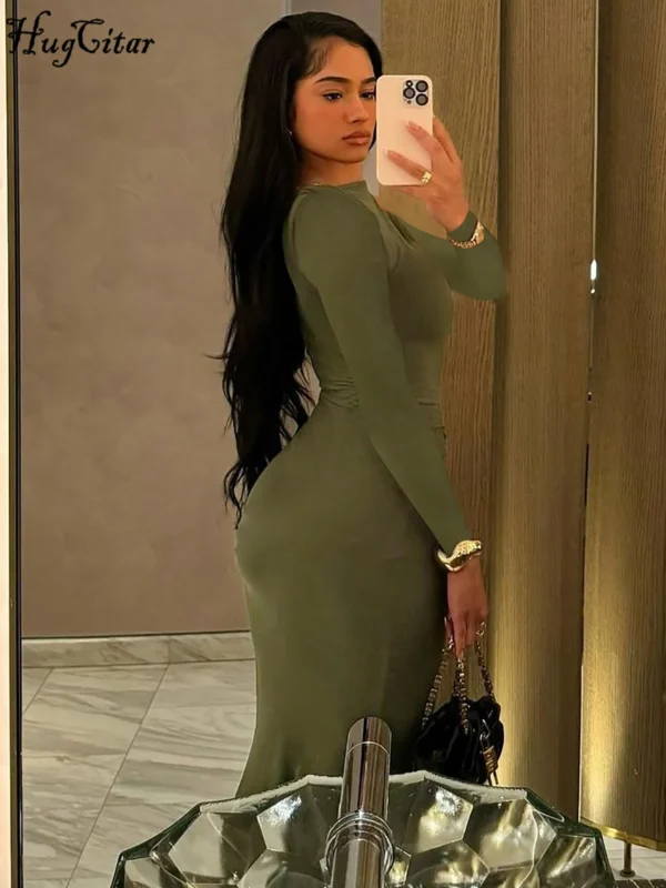 Hugcitar 2024 الخريف الصلبة طويلة الأكمام ثنيات مثير Bodycon ماكسي فستان الحفلة الراقصة المرأة موضة Y2K ملابس مهرجان الحفلات المسائية - Image 2