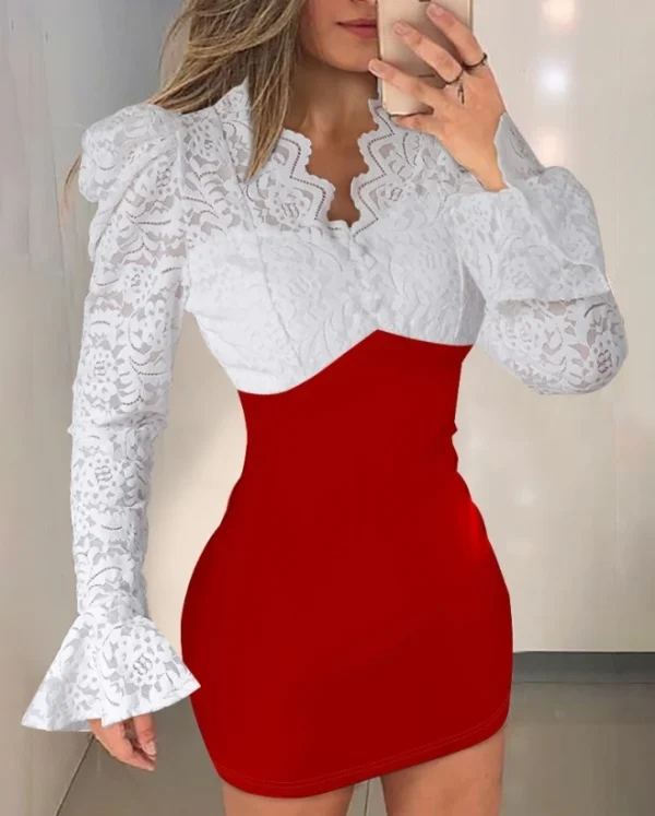 المرأة طويلة الأكمام الخامس الرقبة شبه شير فستان قصير ، التباين الدانتيل ، جرس كم Bodycon ، اليومية ، مثير ، كولوربلوك ، موضة ، الربيع