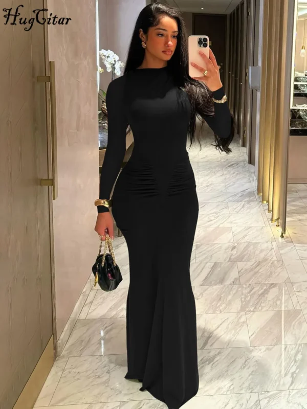 Hugcitar 2024 الخريف الصلبة طويلة الأكمام ثنيات مثير Bodycon ماكسي فستان الحفلة الراقصة المرأة موضة Y2K ملابس مهرجان الحفلات المسائية - Image 5