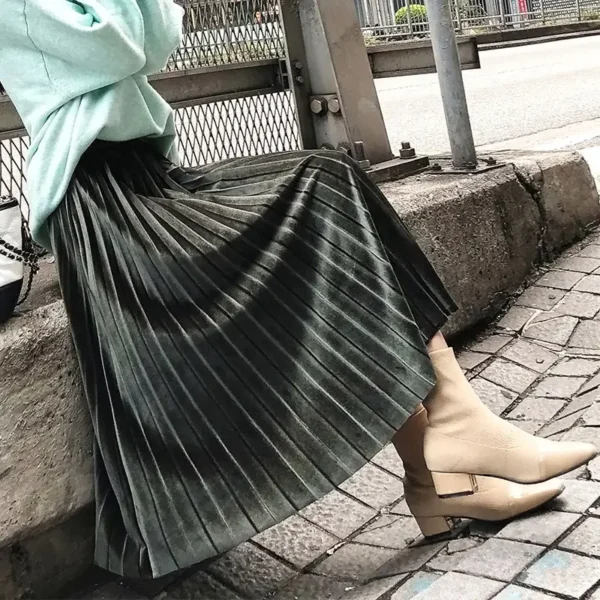 تنورة ذهبية مخملية بطيات طويلة للنساء للخريف والشتاء بخصر عالٍ تنانير نسائية بطيات Mujer Faldas Saias Mulher - Image 2