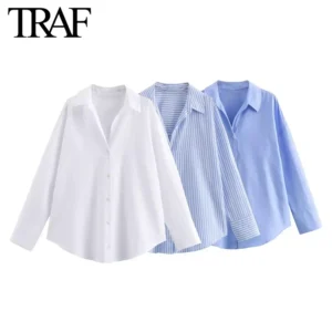 TRAF بلوزة نسائية ربيعية من القطن أكسفورد بأكمام طويلة واحدة الصدر وطية صدر السترة ملابس الشارع قميص أنيق للسيدات قطع علوية Mujer