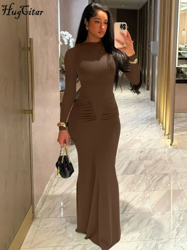 Hugcitar 2024 الخريف الصلبة طويلة الأكمام ثنيات مثير Bodycon ماكسي فستان الحفلة الراقصة المرأة موضة Y2K ملابس مهرجان الحفلات المسائية - Image 3