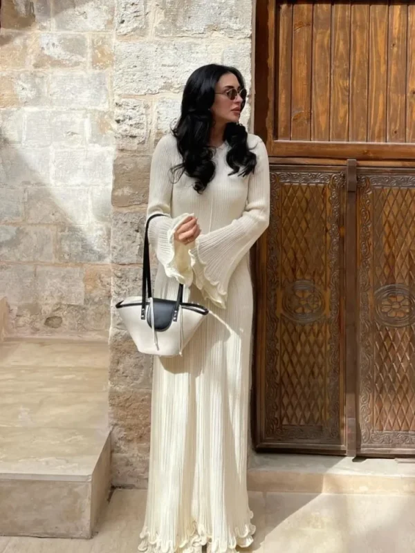 فستان نسائي أنيق برقبة دائرية منسوج ، حافة كشكشة ، أكمام طويلة ، فساتين بأربطة عارية الظهر ، أردية شارع بيضاء ضيقة ، موضة نسائية - Image 5